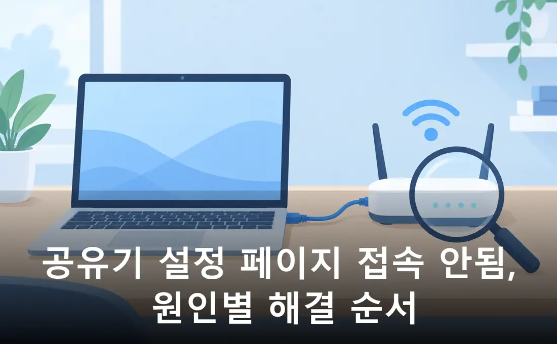 공유기 설정 페이지 접속 문제를 점검하는 노트북과 무선 공유기