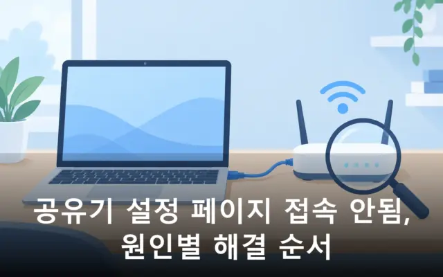공유기 설정 페이지 접속 문제를 점검하는 노트북과 무선 공유기